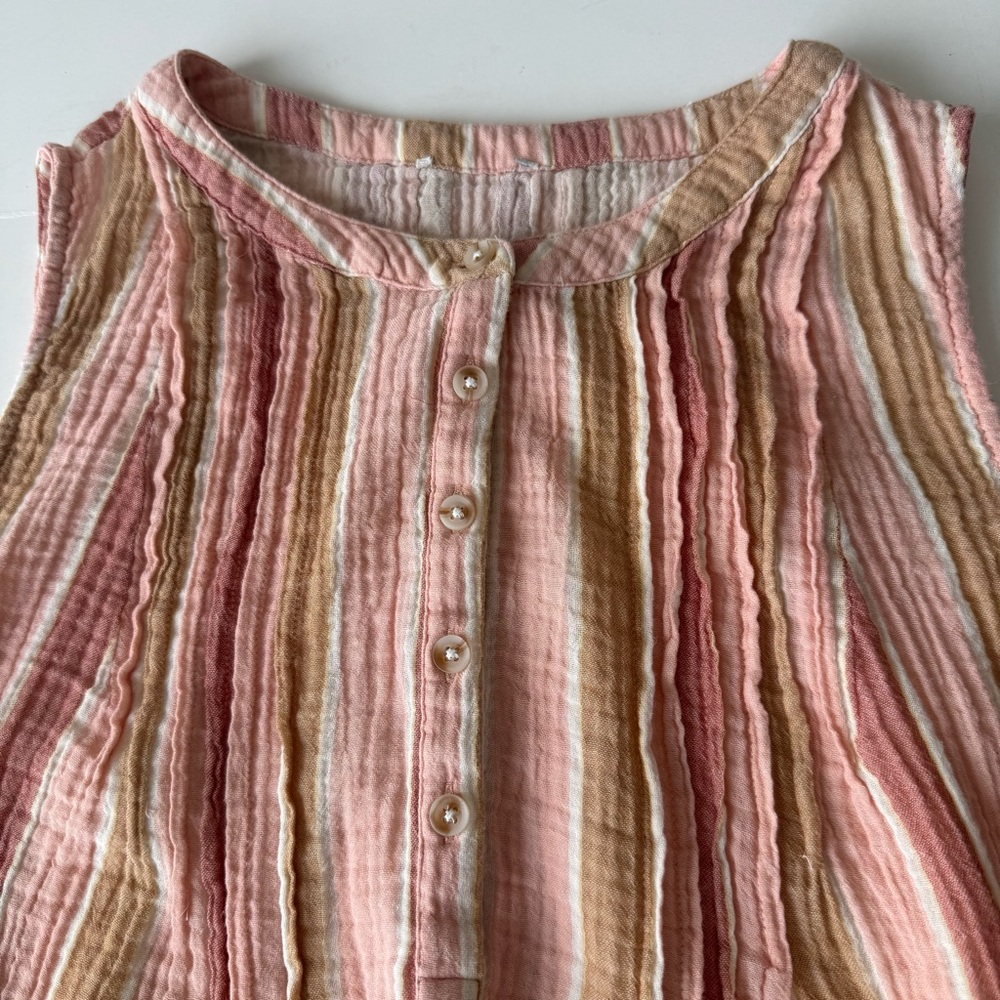 100% Muslin Cotton Striped Sleeveless Pink Beige Swing Dress, Scoop Neck, Sz L - Picture 4 of 6